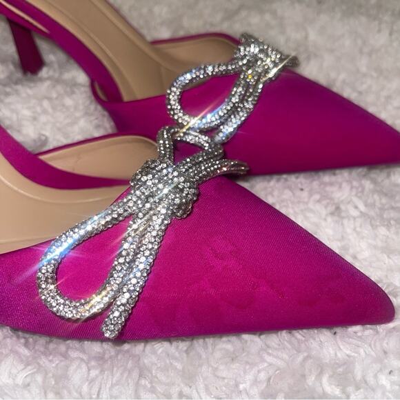 Zara Pink Slingback Heel Satin Effect Rhinestone Bow Shoes - Picture 5 of 9